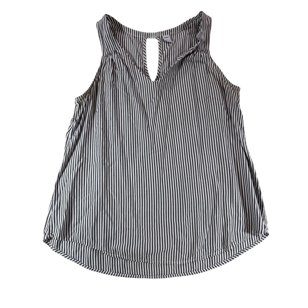 Old Navy Womens L Gray White Stripe Sleeveless Blouse V Neck Keyhole Top